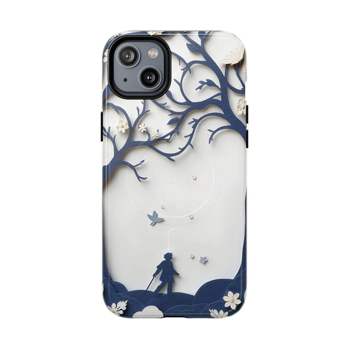 Phone case with blue nature scene, birds and branch silhouette on white