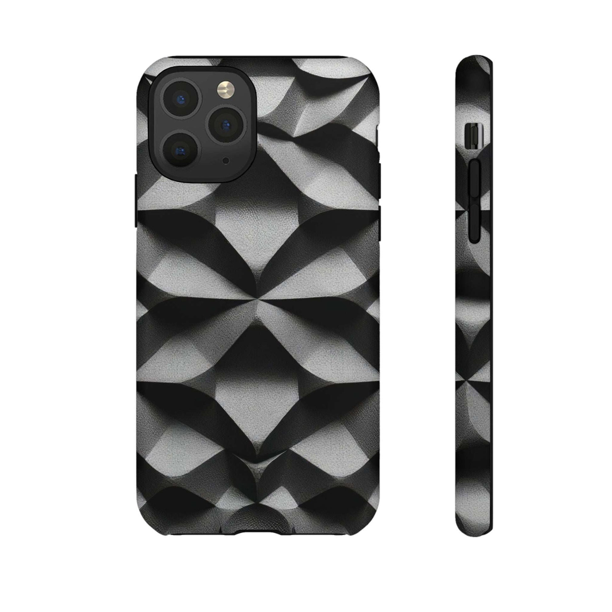 Tough phone case with black and silver geometric diamond pattern, front and side view