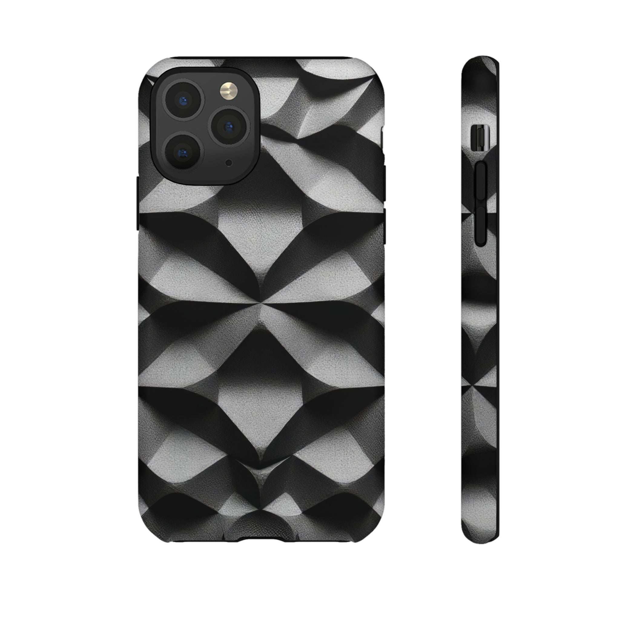 Tough phone case with black and silver geometric diamond pattern, front and side view