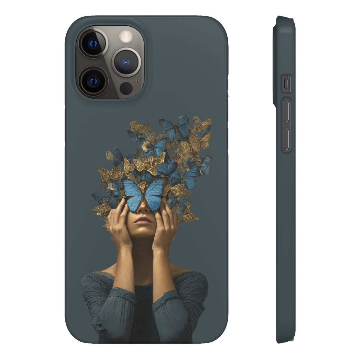 Dark gray phone case featuring butterfly woman graphic and side protection edge