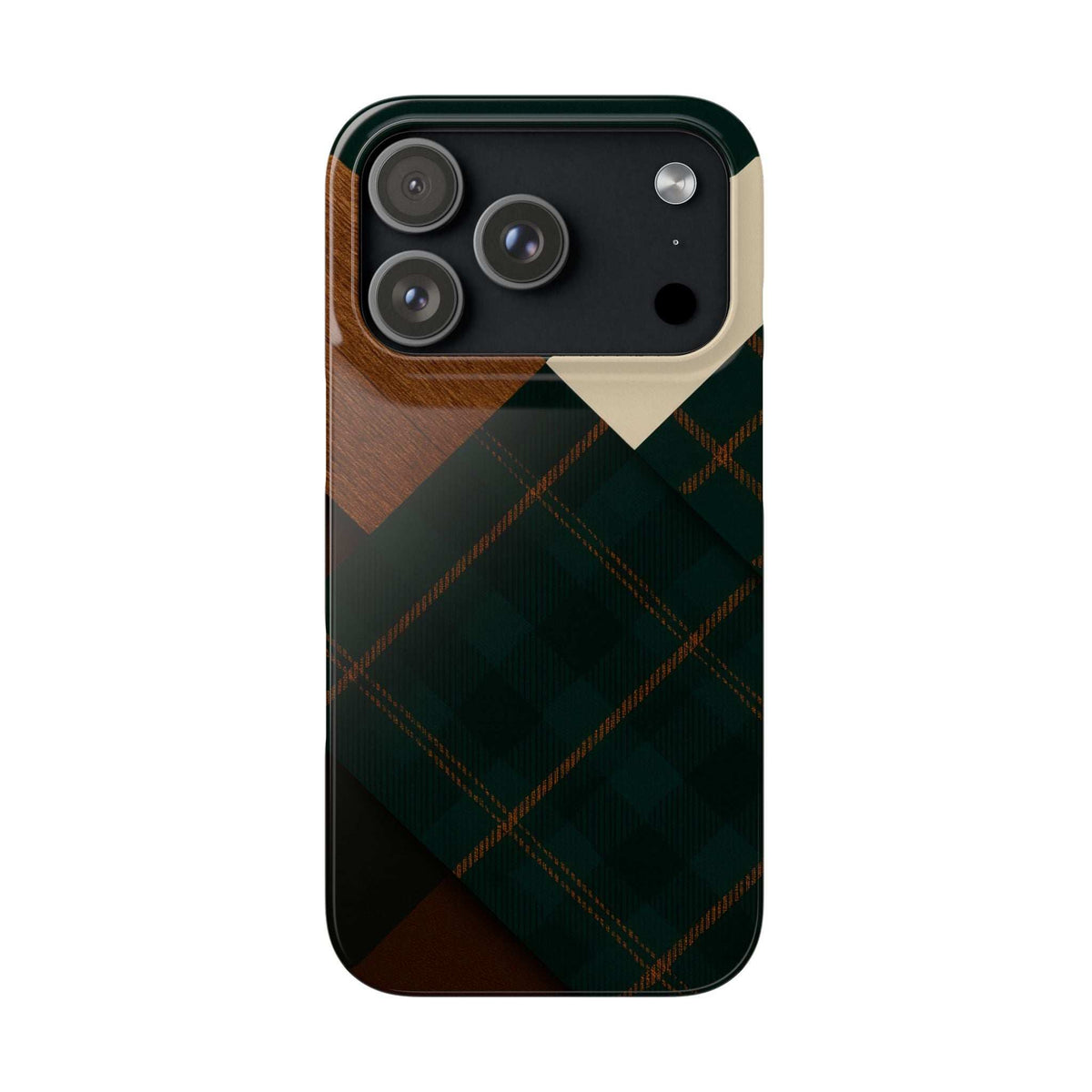 Phone case with green tartan plaid, tan chevron, and triple camera cutouts
