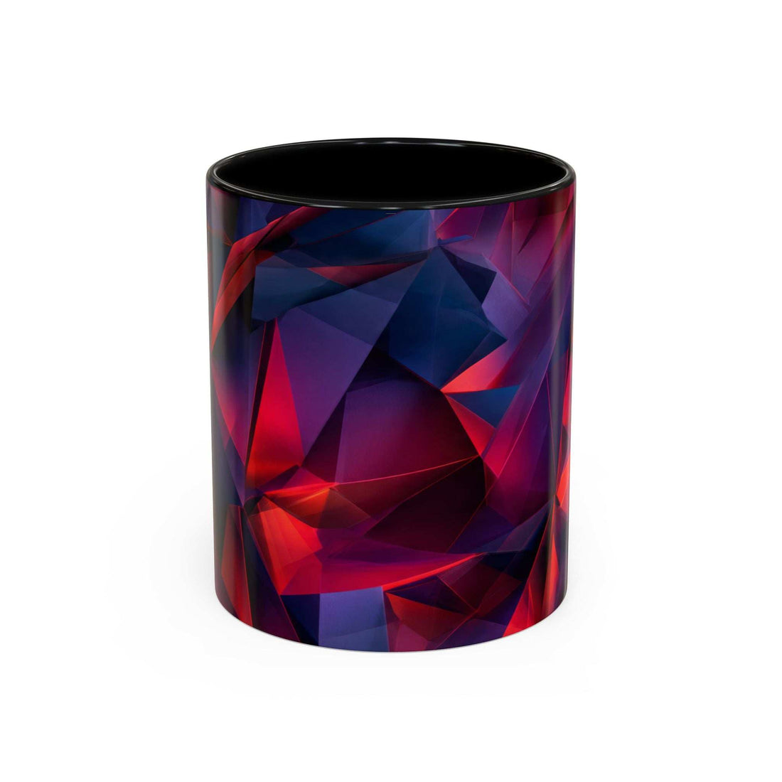 Ceramic coffee mug with geometric red and navy abstract pattern, dark blue rim
