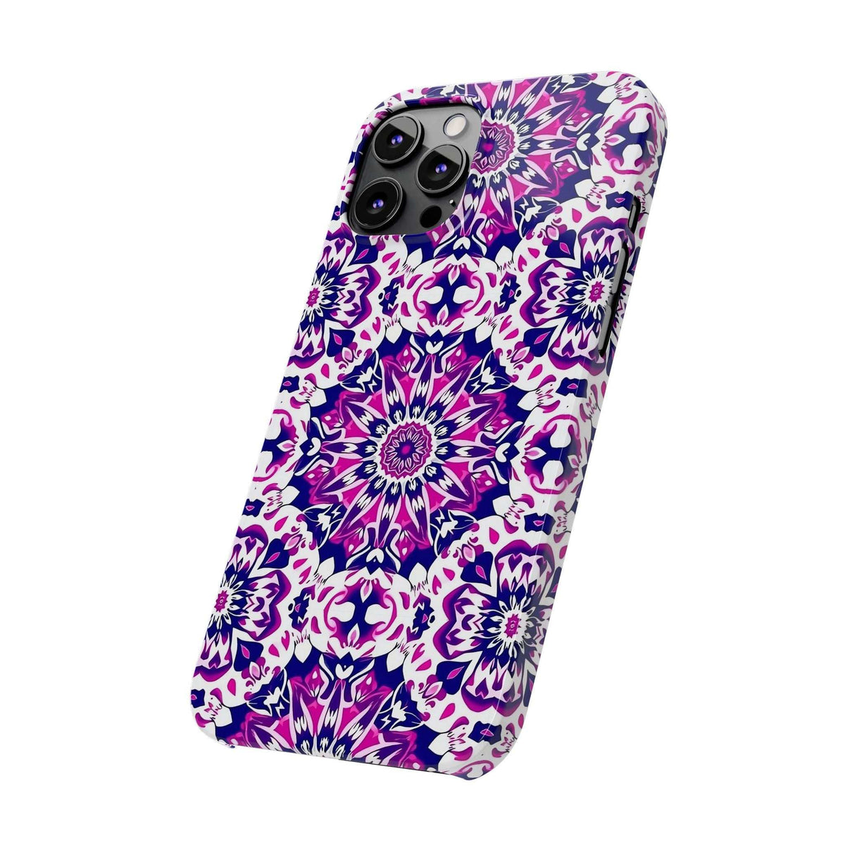 Purple and white patterned phone case with dual camera cutouts and slim design