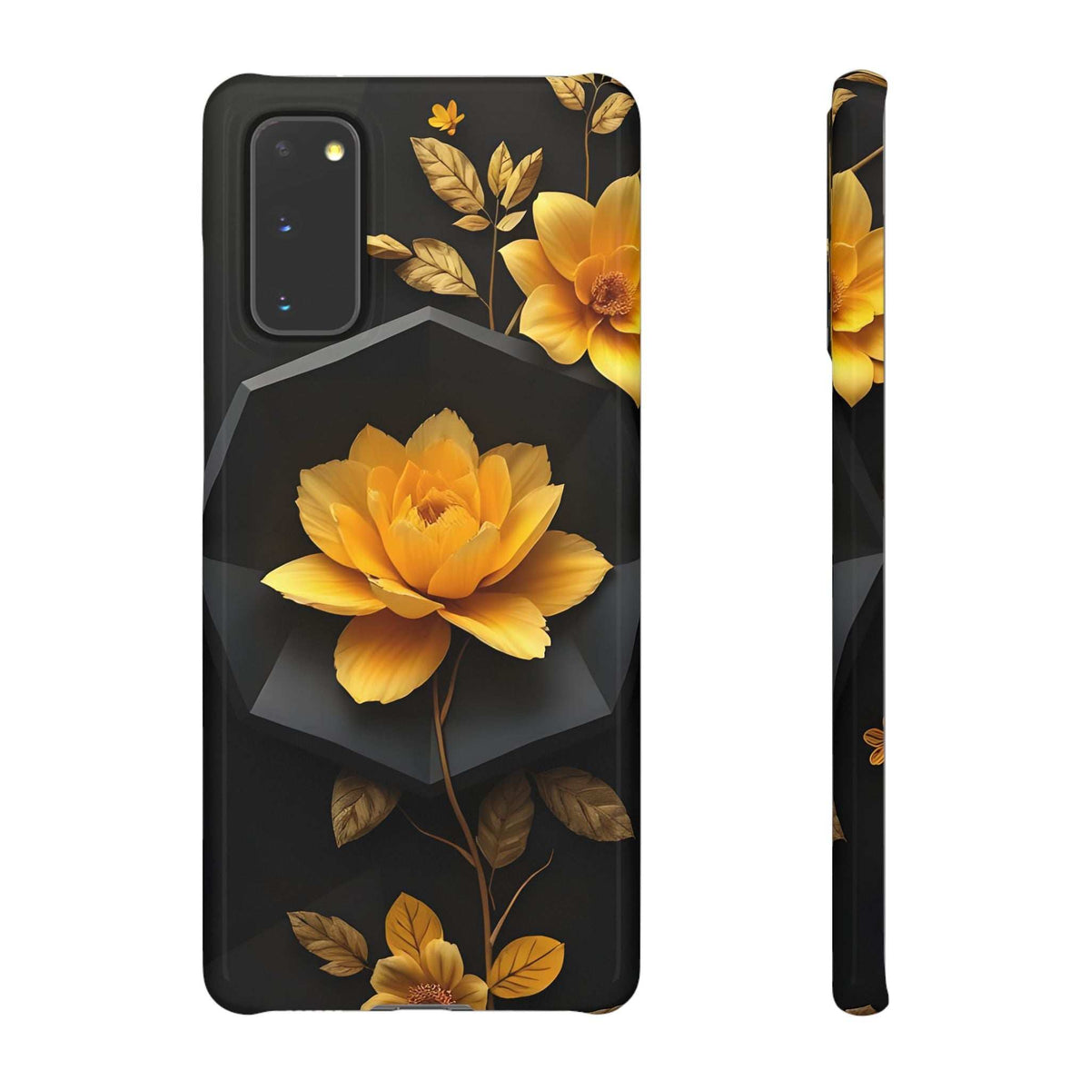 Black phone case with yellow blossoms and leaves, back and side profile shown