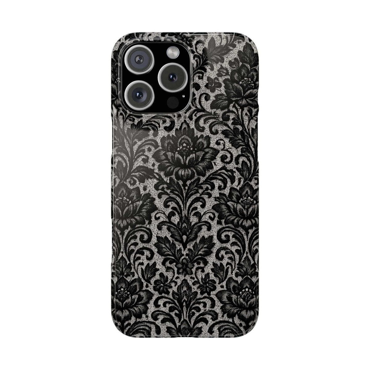Black damask floral phone case back view with raised camera lenses and protective bumper