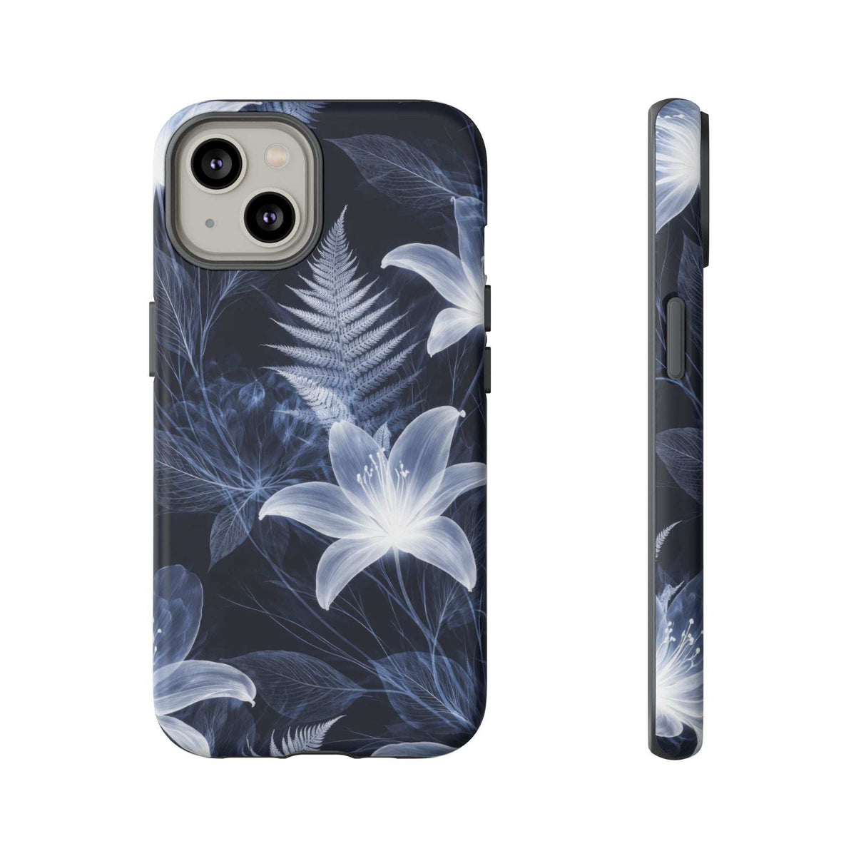 Blue floral phone case with white blossoms; front and side angle with camera openings.