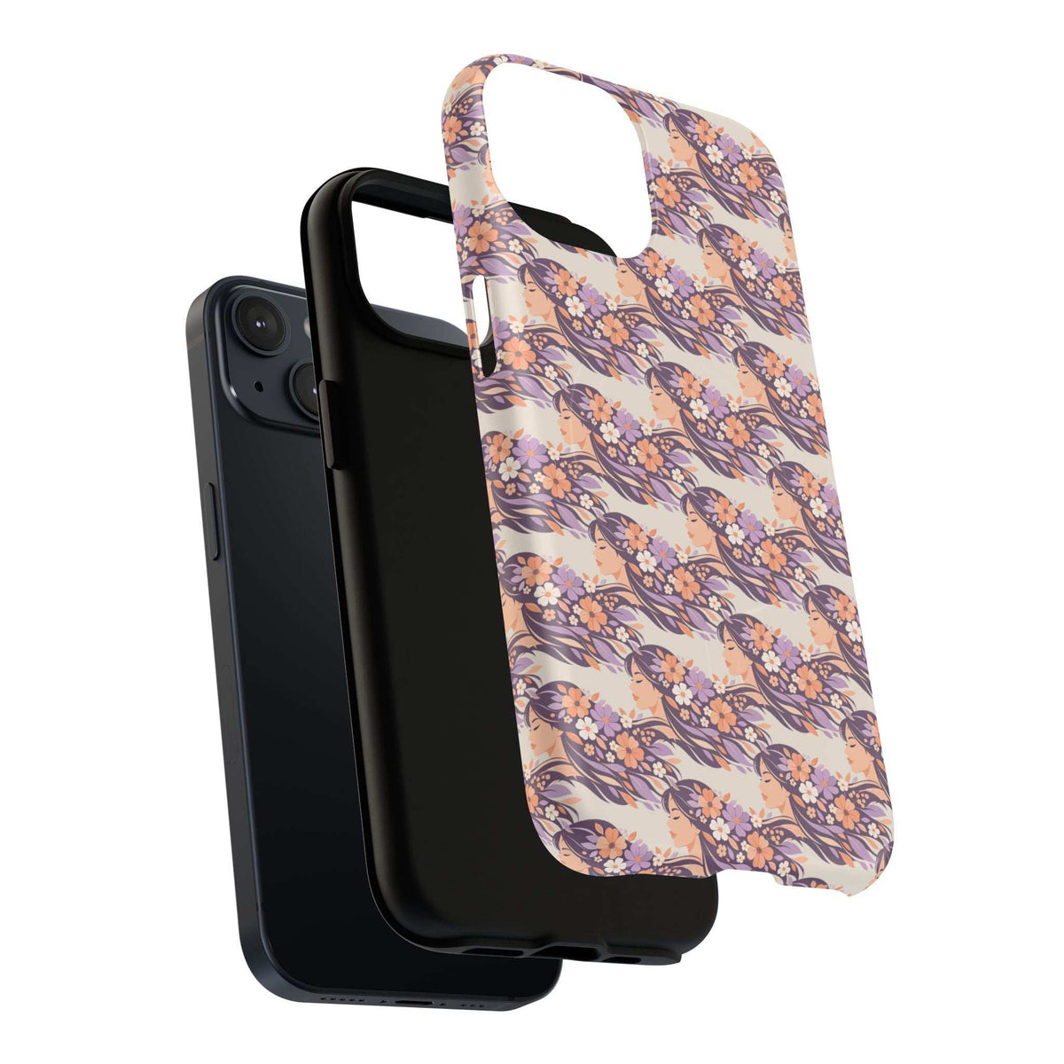 Floral phone case with peach and purple blossom pattern, secure fit with camera cutout