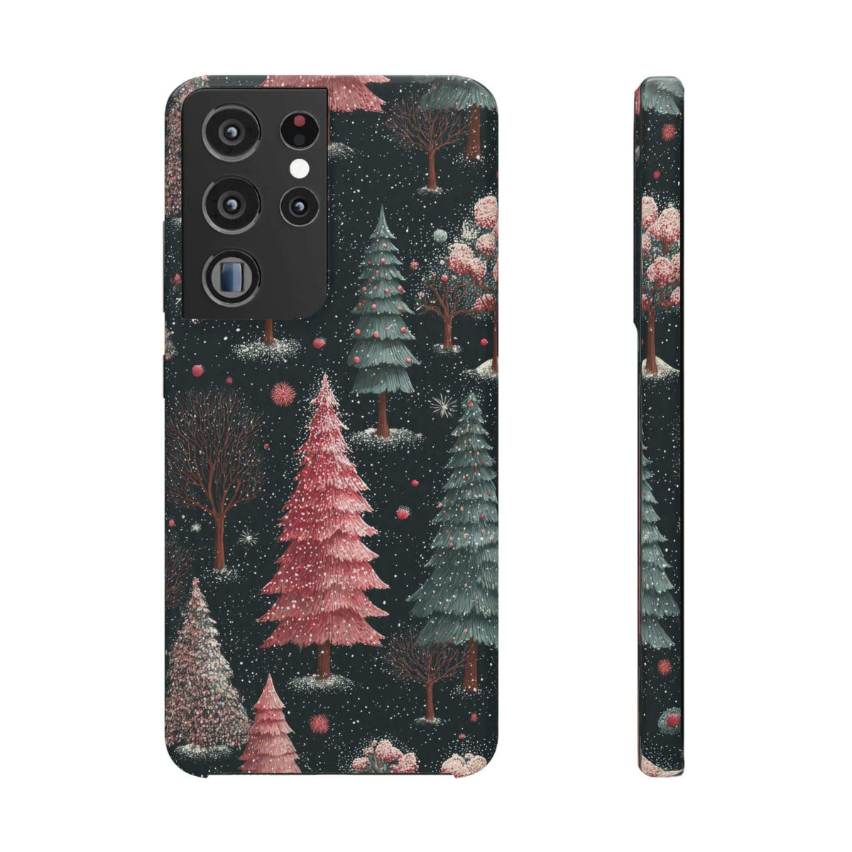 Forest-themed glossy phone case featuring snowy pine trees and pink-red tones; camera area detail.