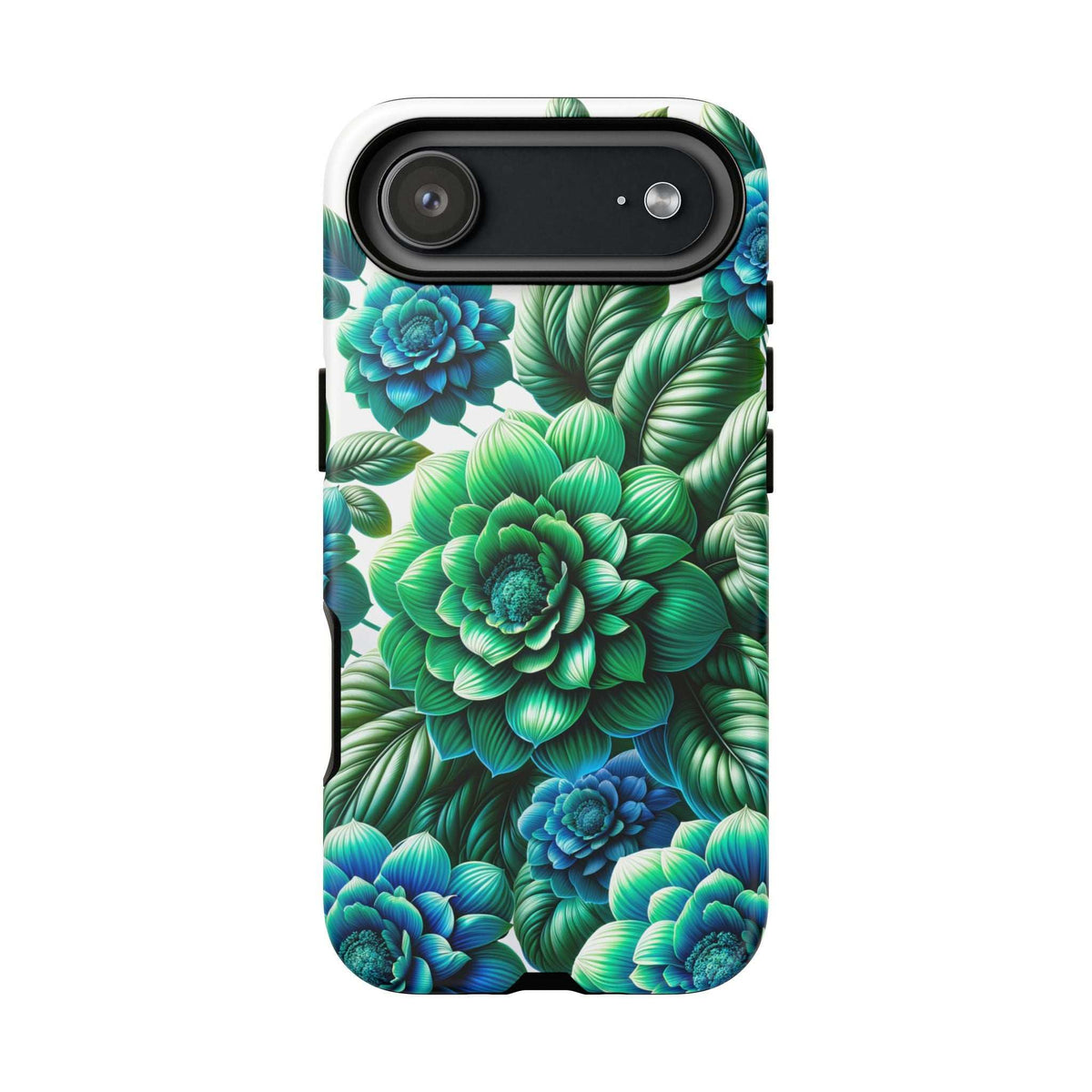 Floral phone case with green and blue succulent blooms, front camera cutout
