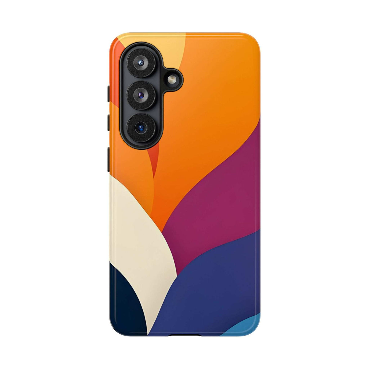 Abstract phone case with orange top and magenta-blue lower sections, with triple camera cutouts.