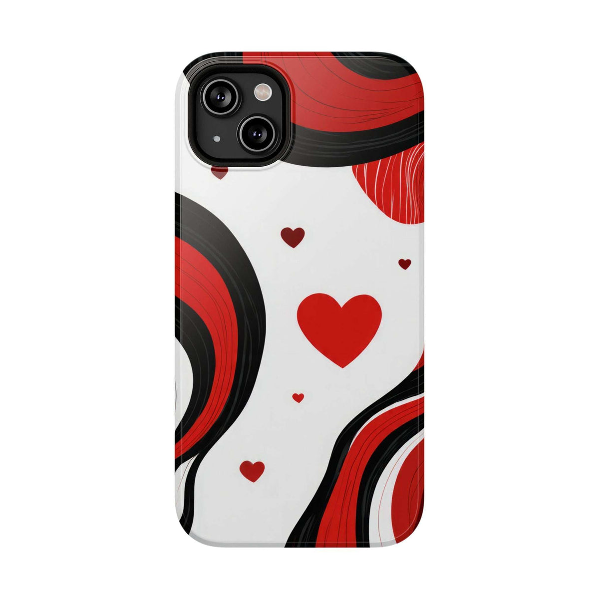Glossy phone case featuring red hearts, black and red swirls, white base, dual camera cutout