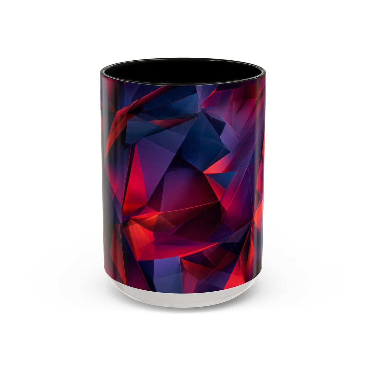Ceramic mug with geometric red and navy abstract wrap; dark top and white base ring