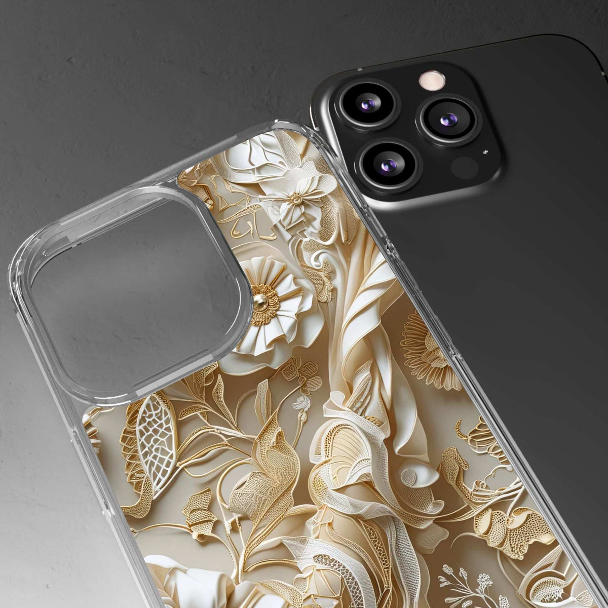 Clear phone case with beige floral 3D design and visible camera cutout