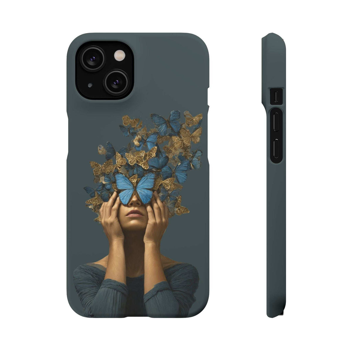 Dark gray phone case with blue butterfly crown graphic; camera cutouts and side profile.