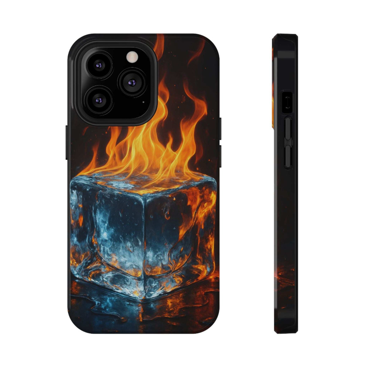 Phone case with glossy black flame-and-ice cube artwork; camera cutouts and side openings.