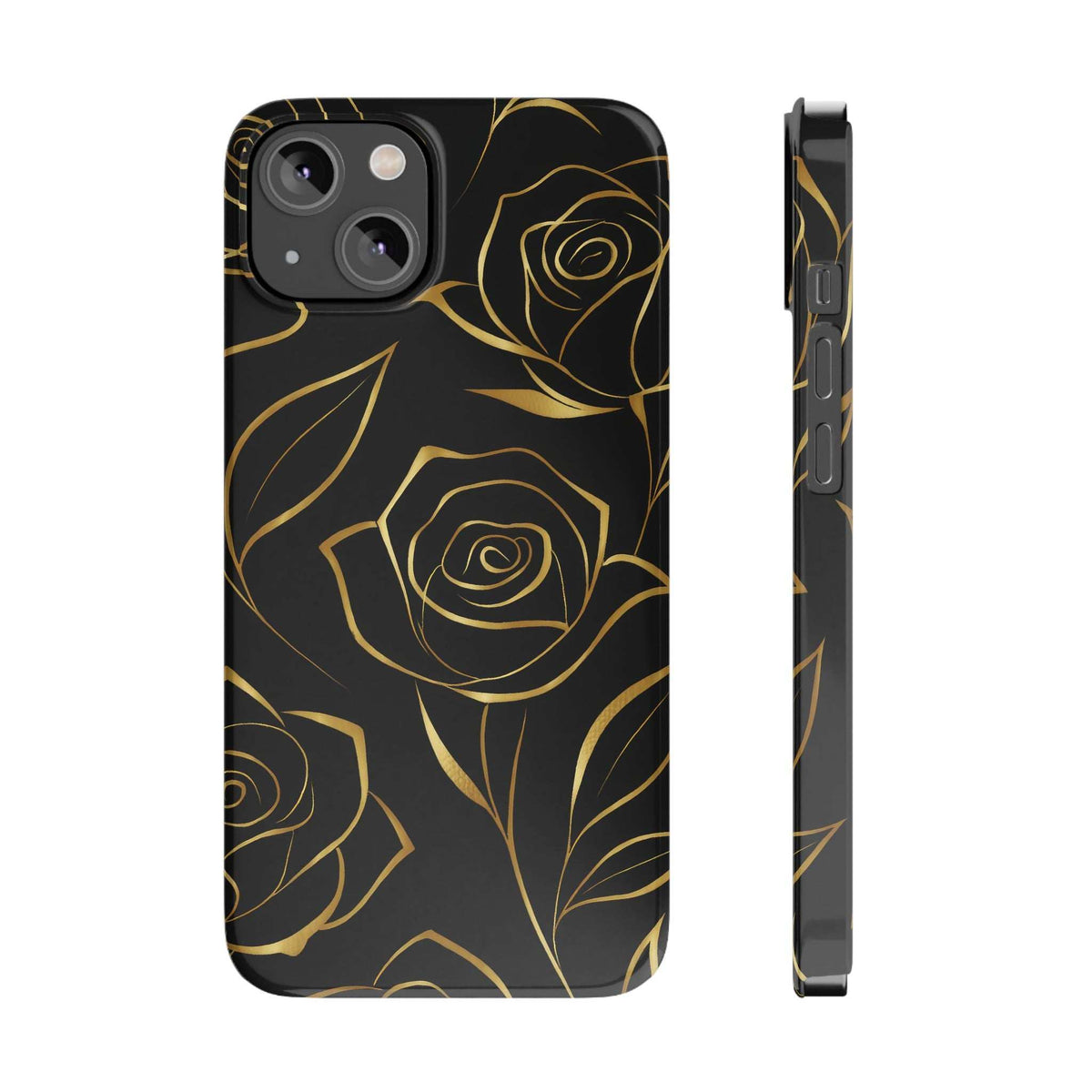 Black iPhone phone case with gold rose pattern; side profile and camera opening visible