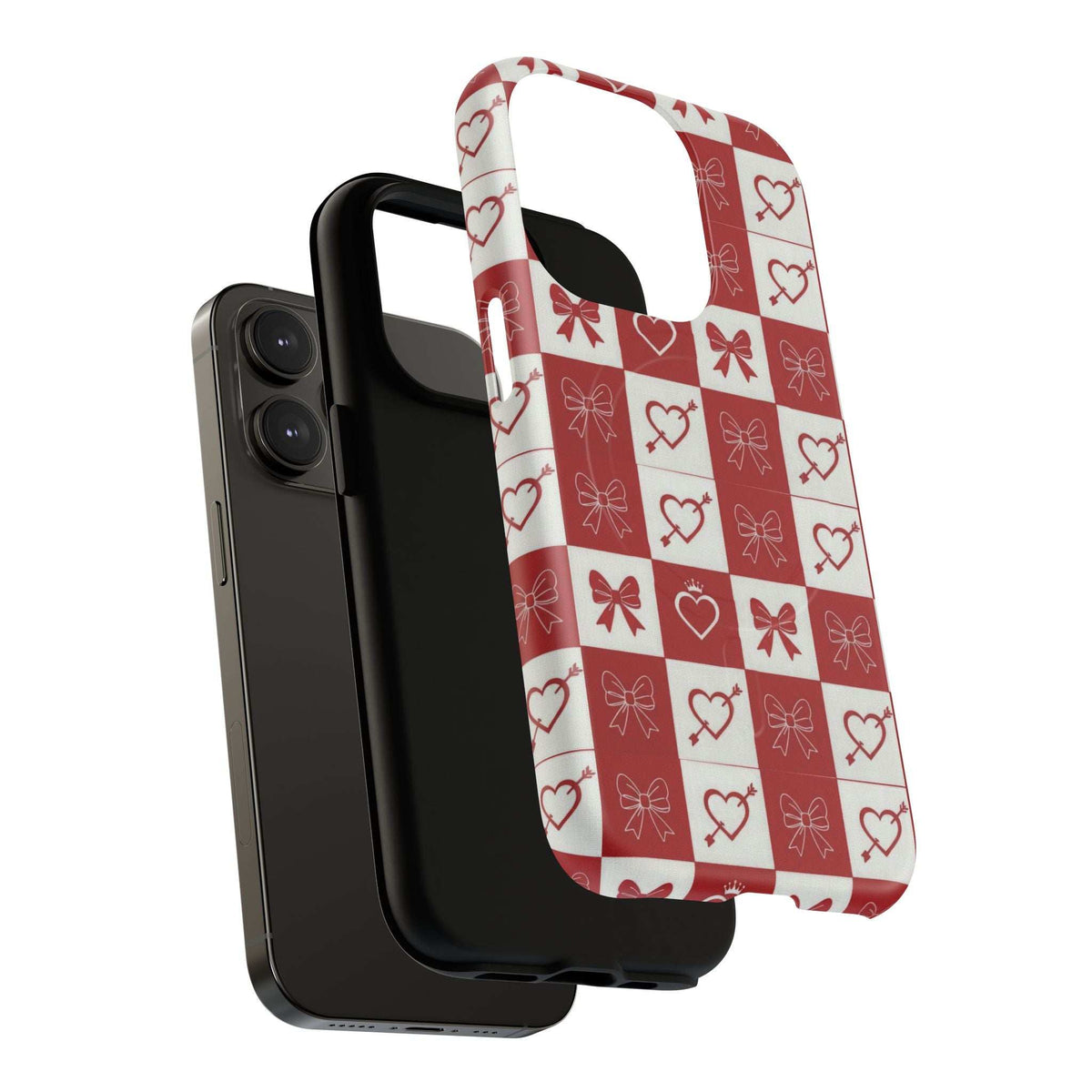 Red and white checkered phone case with hearts and bows, slim profile and corner protection