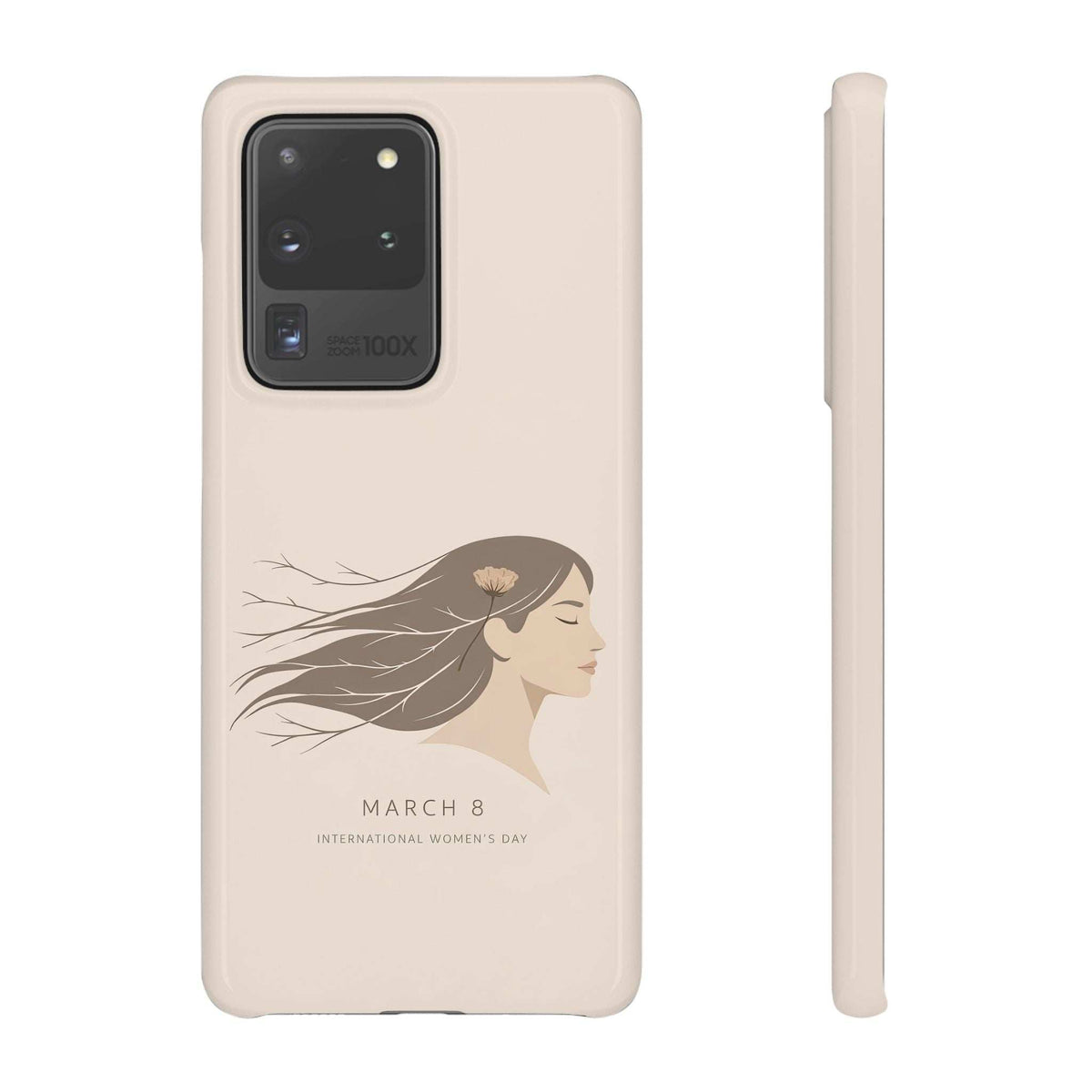 Beige phone case with floral woman “March 8” print; camera lens cutout and raised edges.