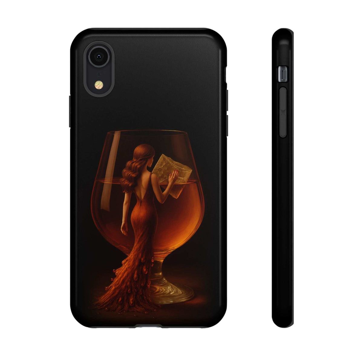 Midnight lady phone case, glossy black with front camera cutout and glowing lady artwork