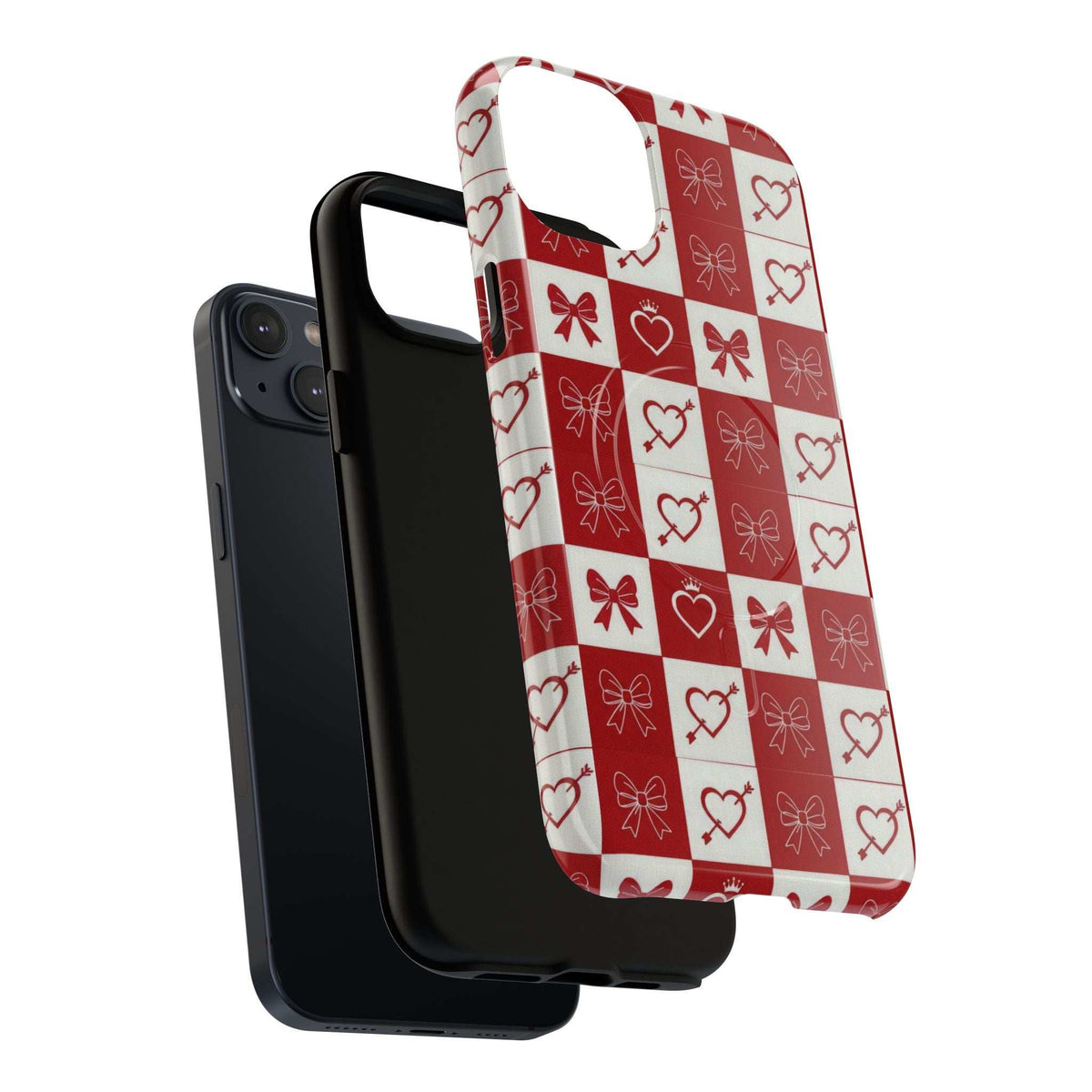 Red-and-white checkered phone case with heart-and-bow pattern; camera cutout.