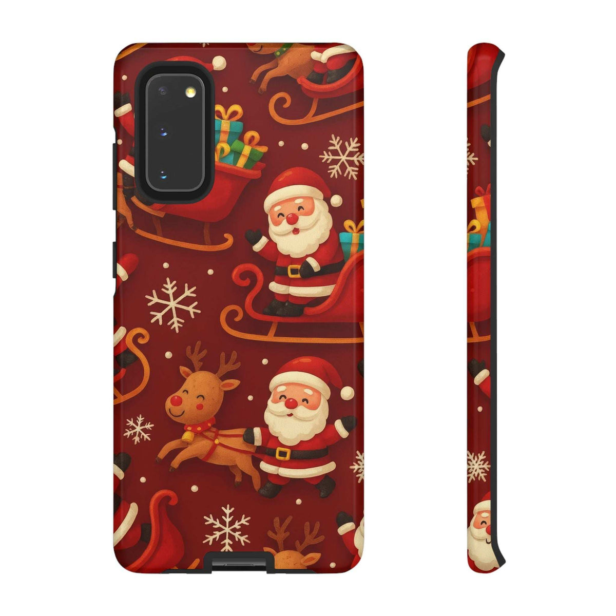 Glossy red phone case featuring Santa and reindeer on sleigh, side profile