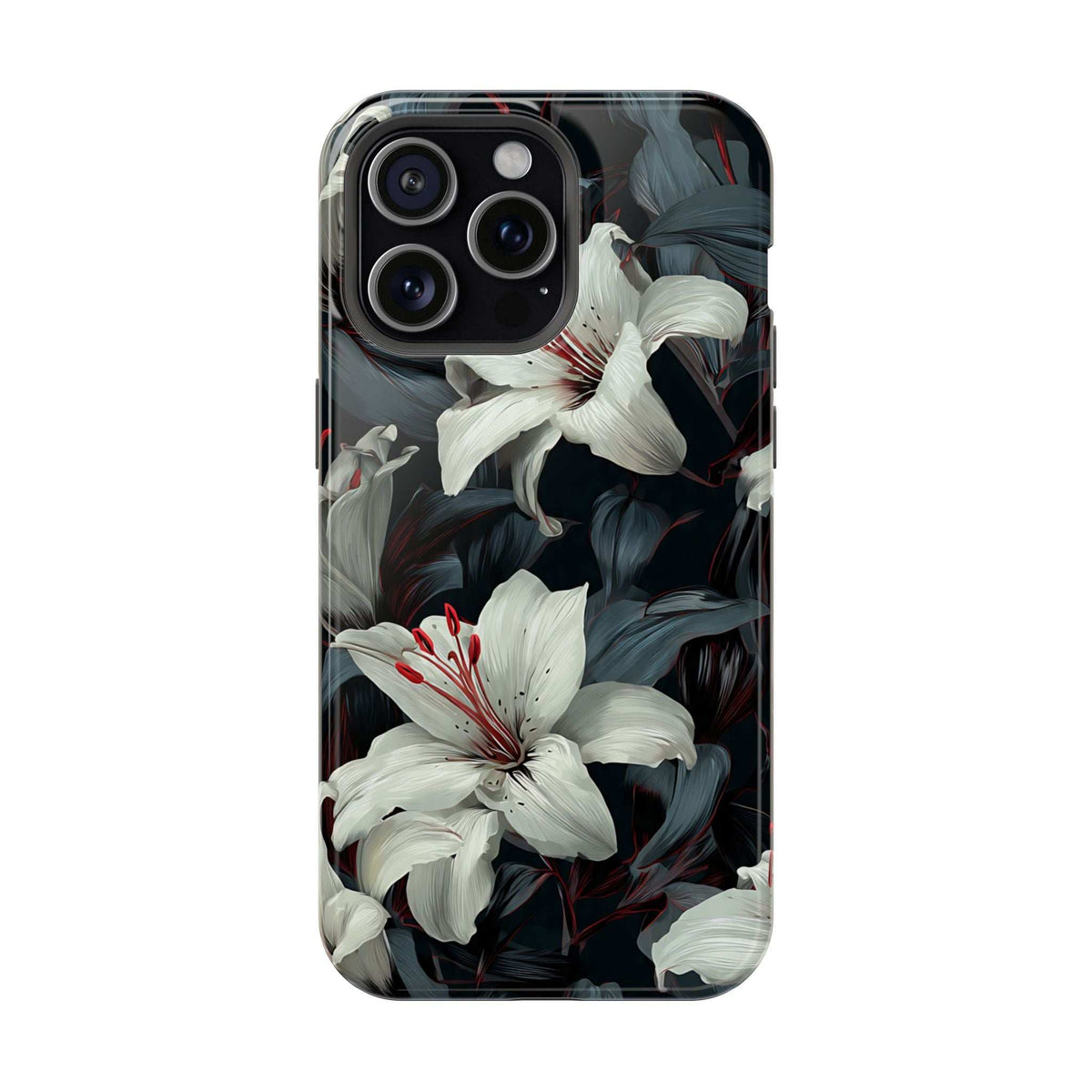 iPhone phone case showing white lily flowers and dark foliage with precise camera openings