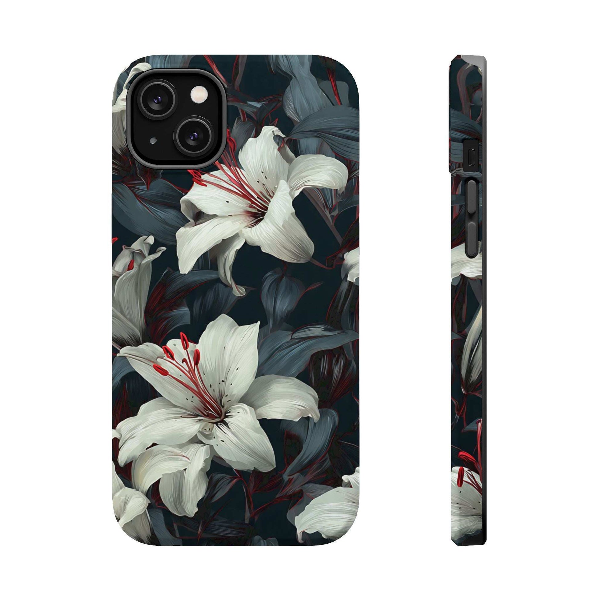 Phone case front and side view with white lilies on dark foliage, camera and button openings