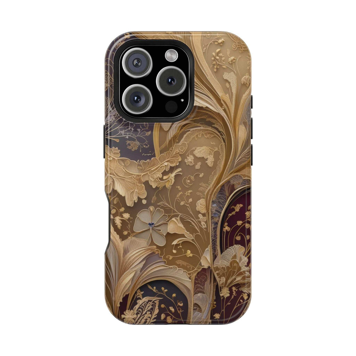 Hard-shell phone case with butterfly floral artwork, beige and dark gold, side buttons visible