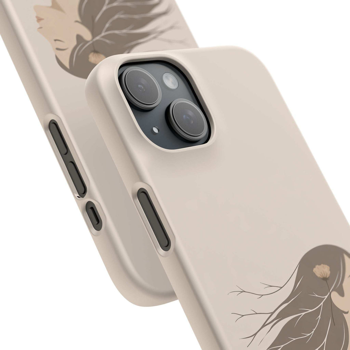Light tan phone case with woman line-art, raised camera frame, and long side button openings