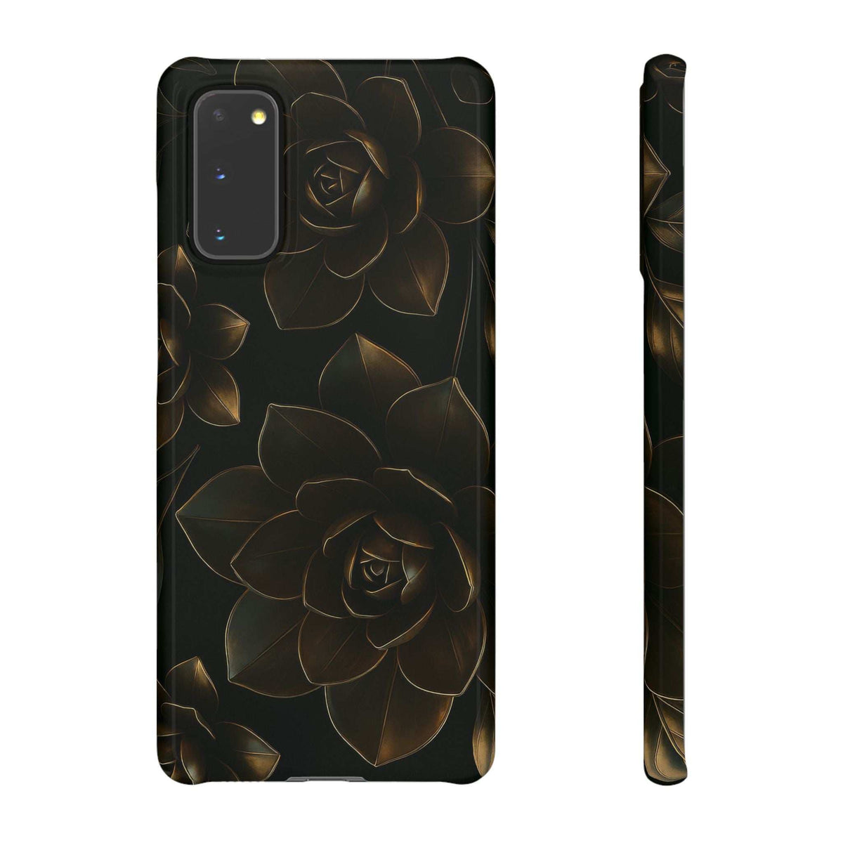 Glossy black phone case with gold rose metal-flower artwork, front camera and flash openings.