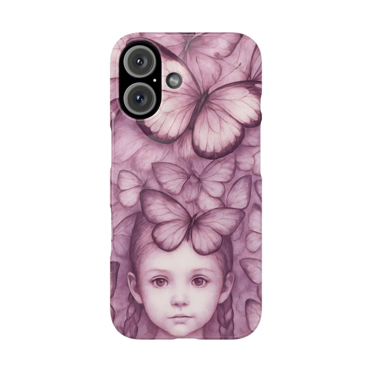 Purple butterfly girl phone case back with camera lens cutouts