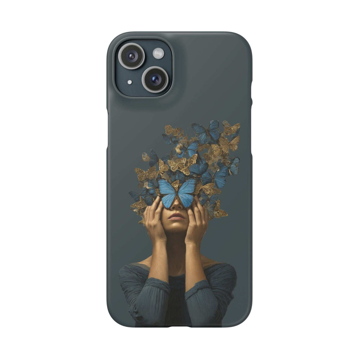 Dark gray phone case with butterfly face illustration in blue and gold, camera lenses visible