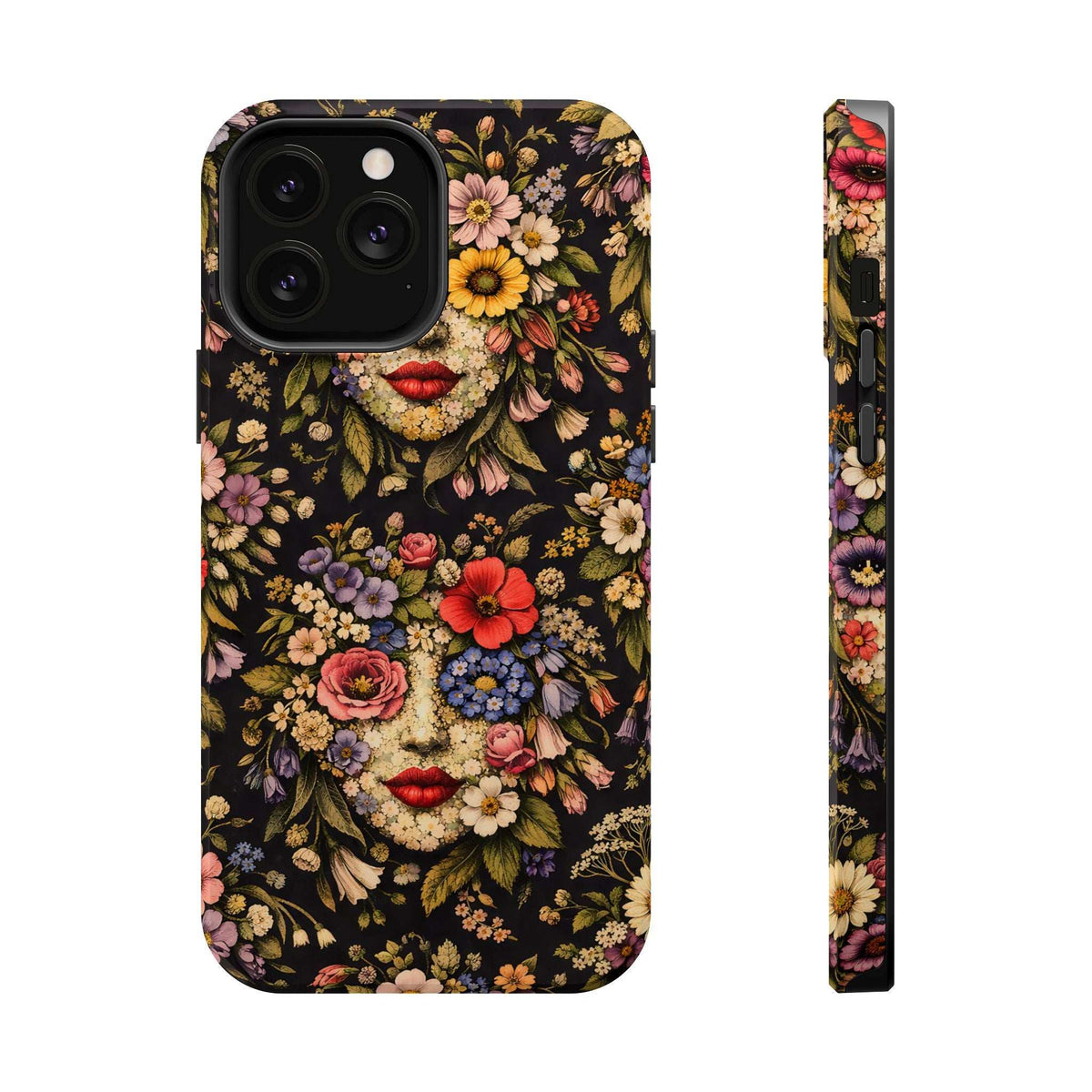 iPhone 13-17 phone case front view, colorful flowers and vintage face on dark