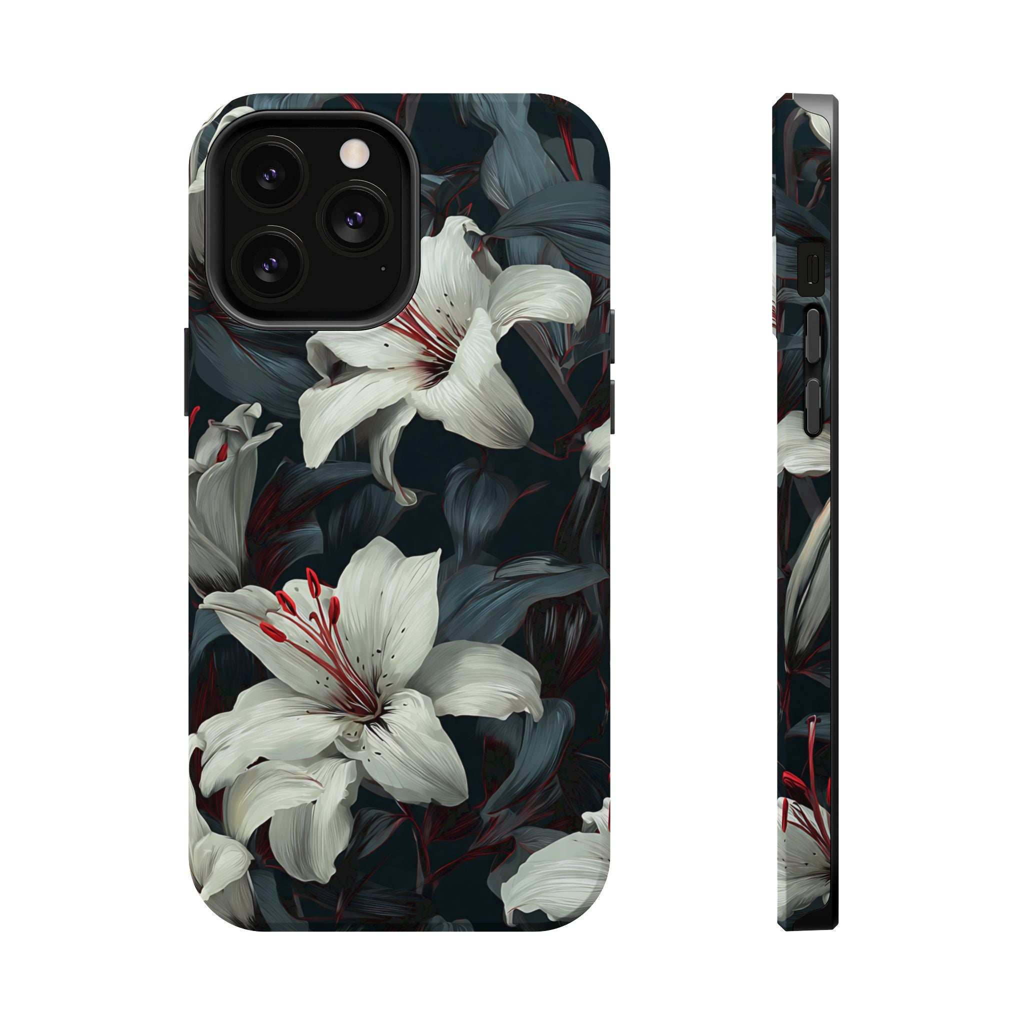 Phone case side profile with white lily floral print, dark foliage pattern along edge.