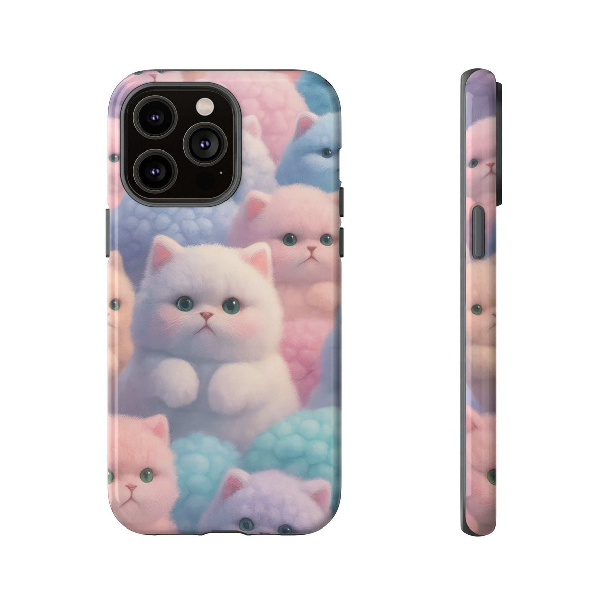 Pastel kitten phone case back with triple-lens camera opening, glossy finish