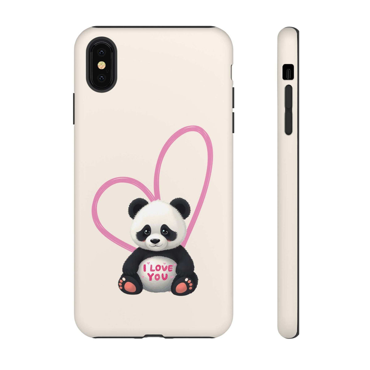 Beige phone case with centered panda graphic inside a pink heart, “I LOVE YOU” text; back