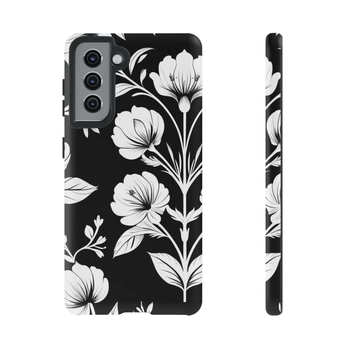 Floral phone case for Galaxy S20–S26, black floral print with white blossoms, rear view