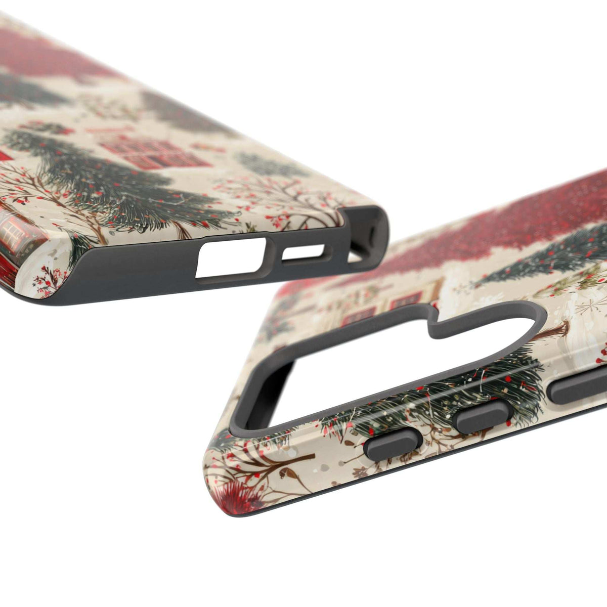 Winter village phone case with red houses and pine trees; raised screen and side grips.