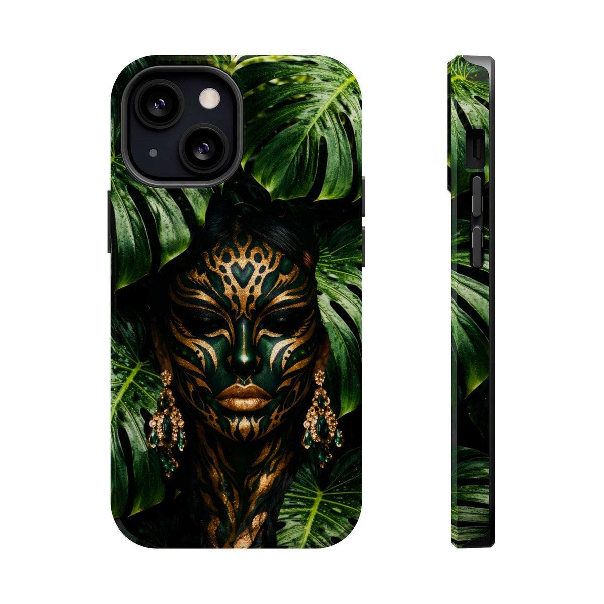 iPhone phone case showing jungle leaves and golden face mask, front and thin side profile