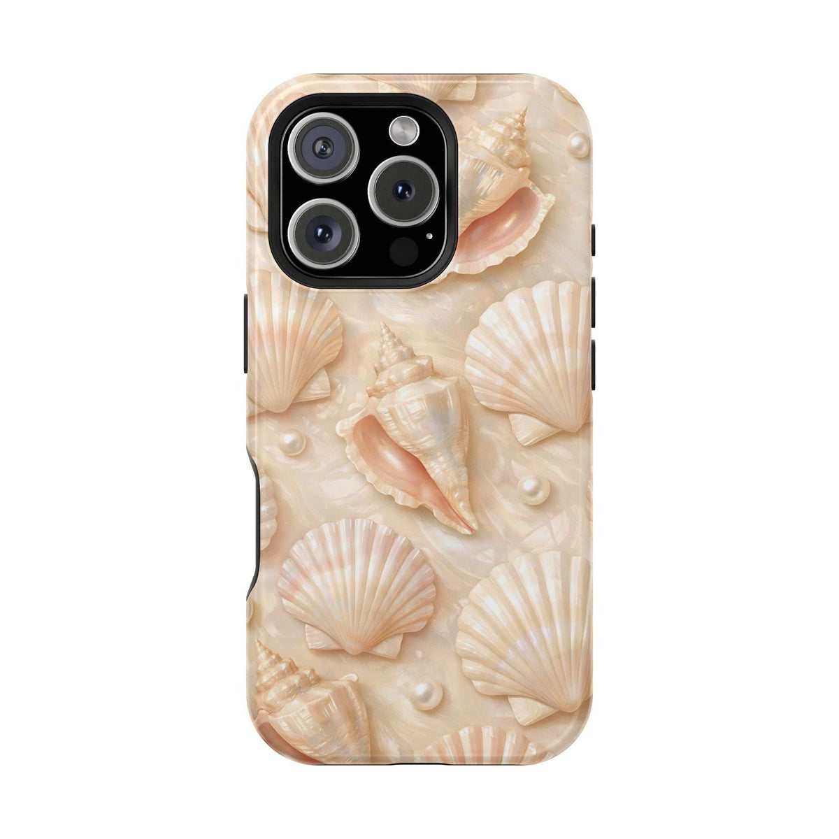 Seashell phone case in cream with embossed shells and raised camera housing cutout