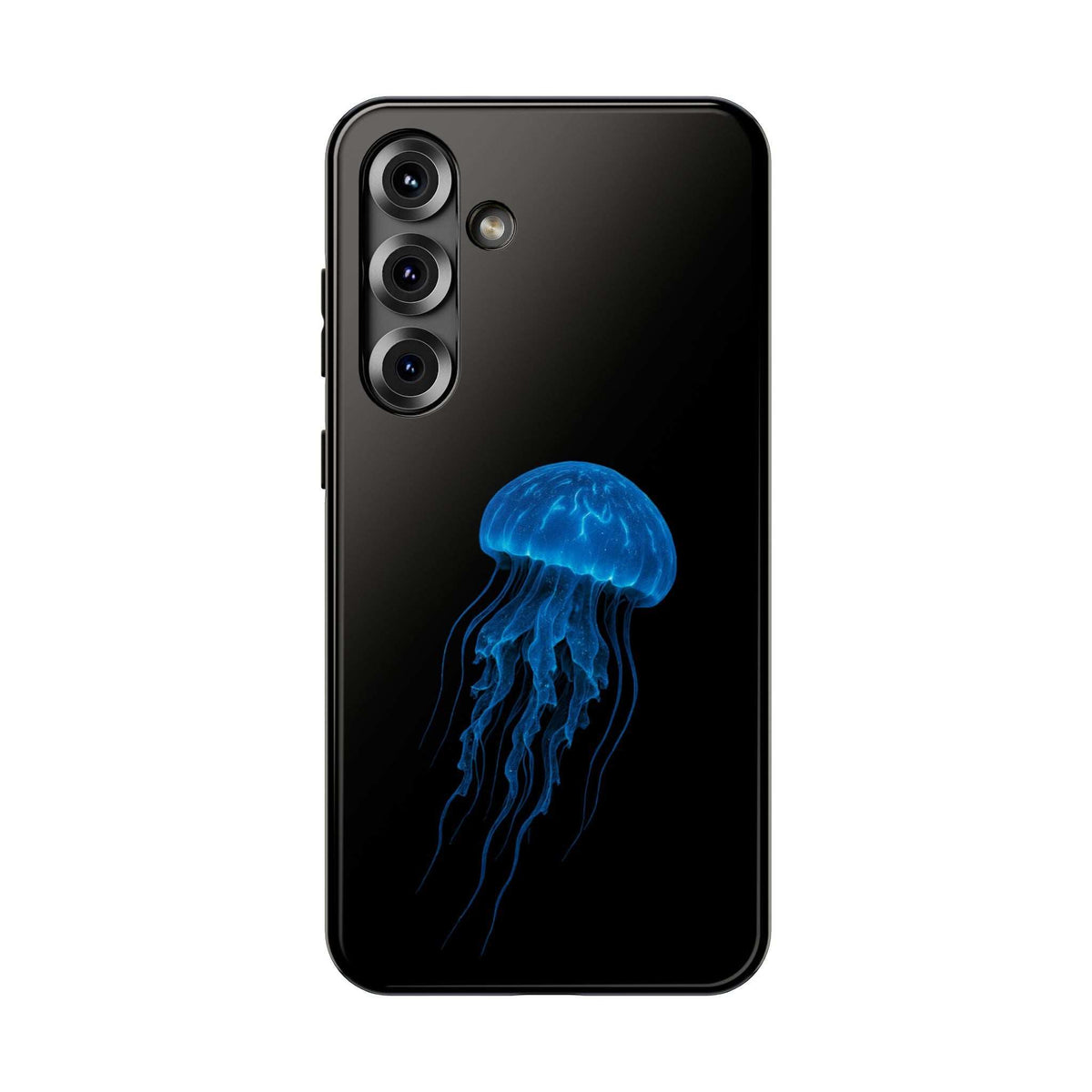 Black phone case with blue jellyfish design on back, with camera lens cutouts