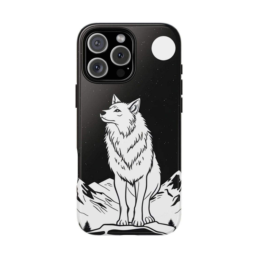 Black phone case with white wolf illustration and star speckles; cutouts for cameras