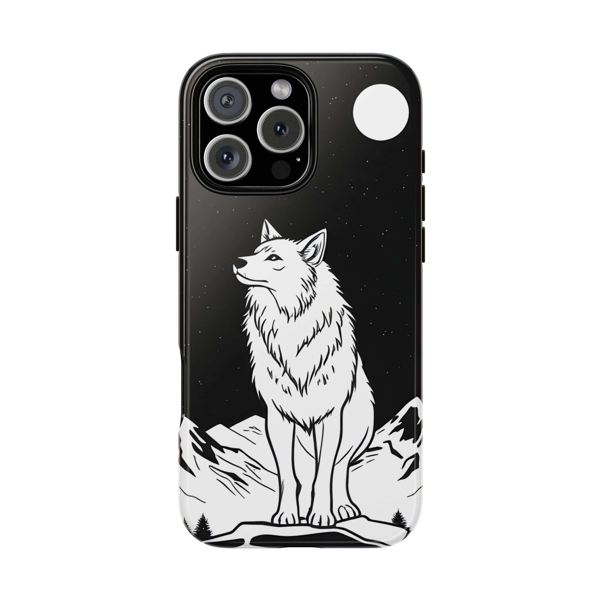 Black phone case with white wolf illustration and star speckles; cutouts for cameras