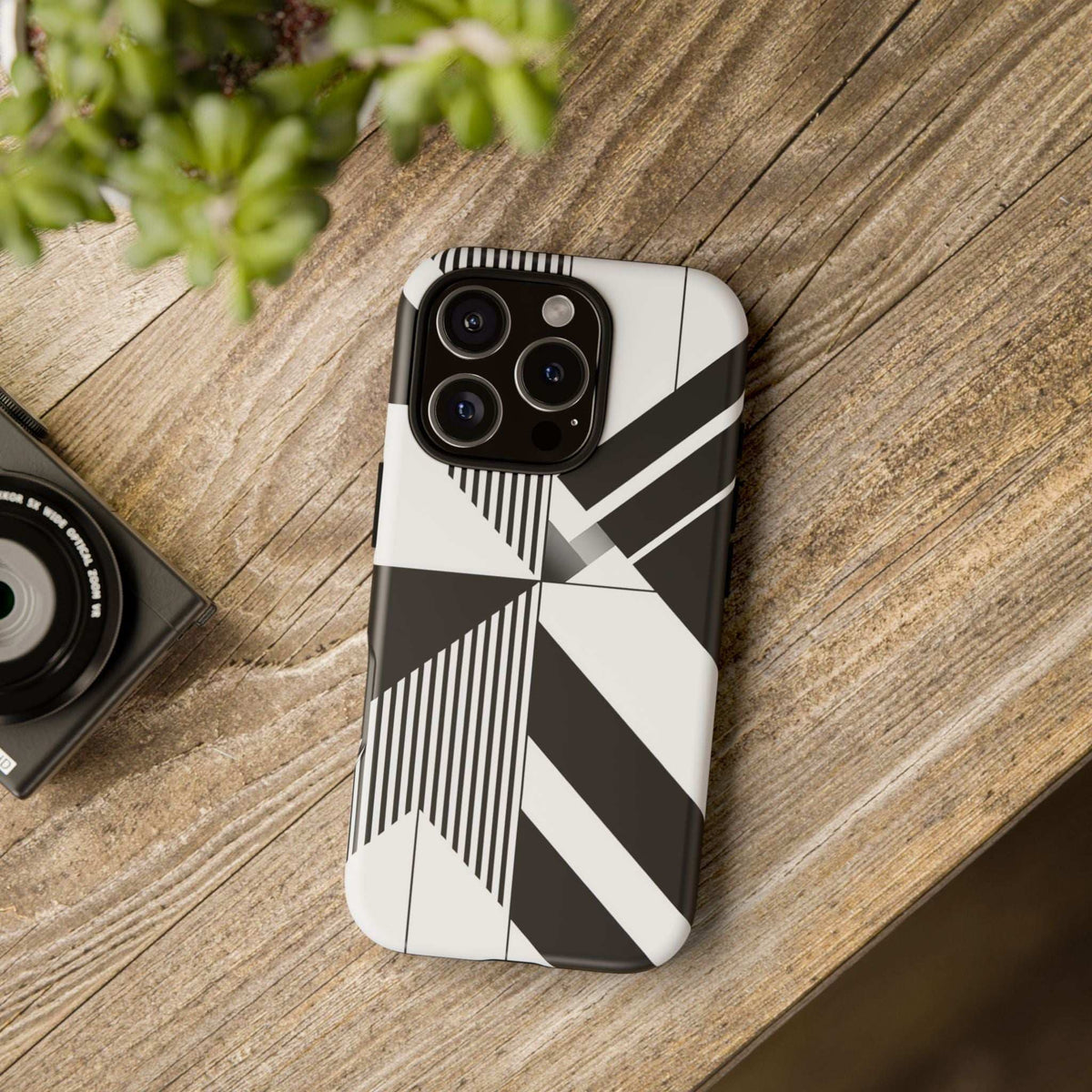 Monochrome tough phone case with black-and-white geometric pattern for iPhone and Galaxy
