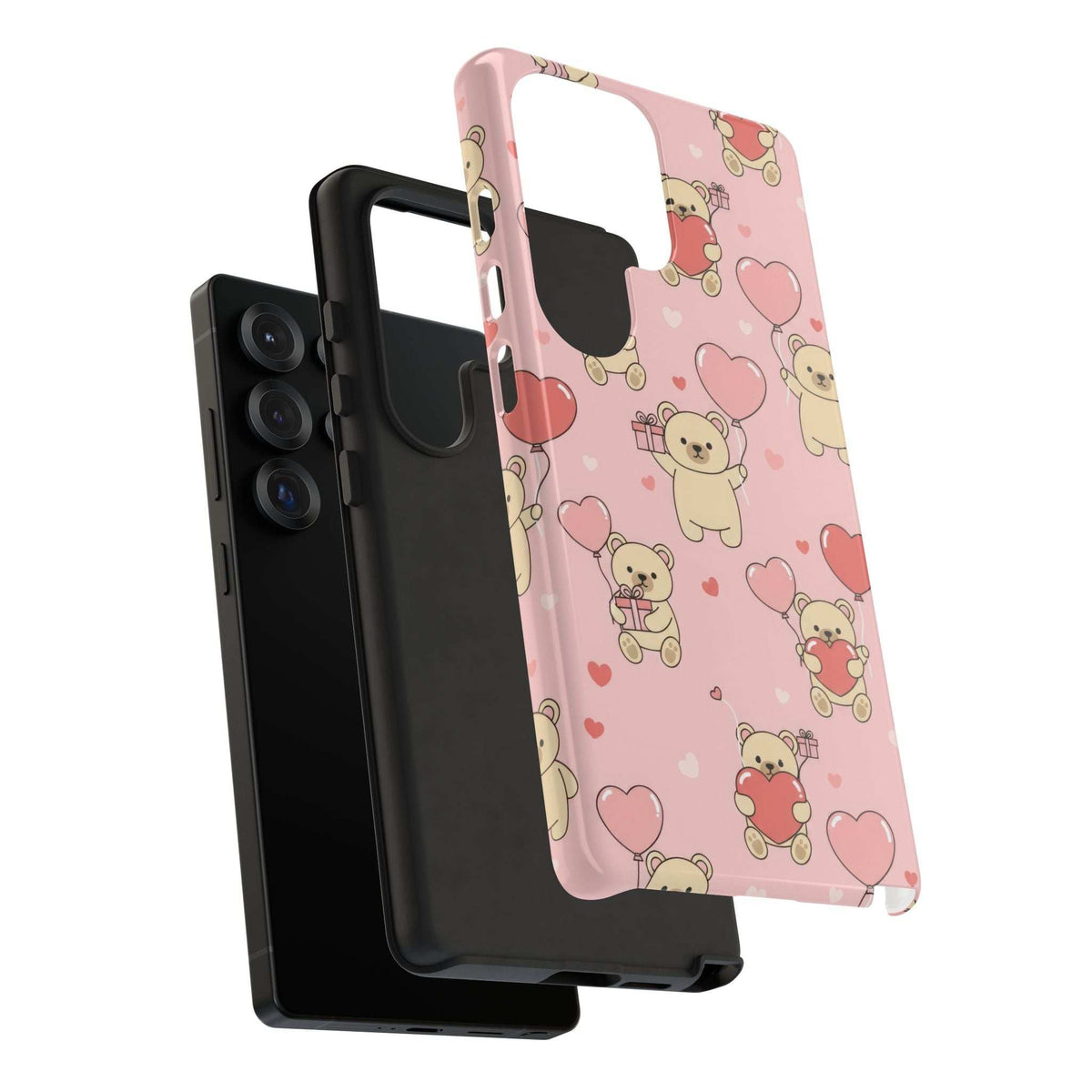 Pink teddy hearts phone case with camera opening and slim black bumper, rear view