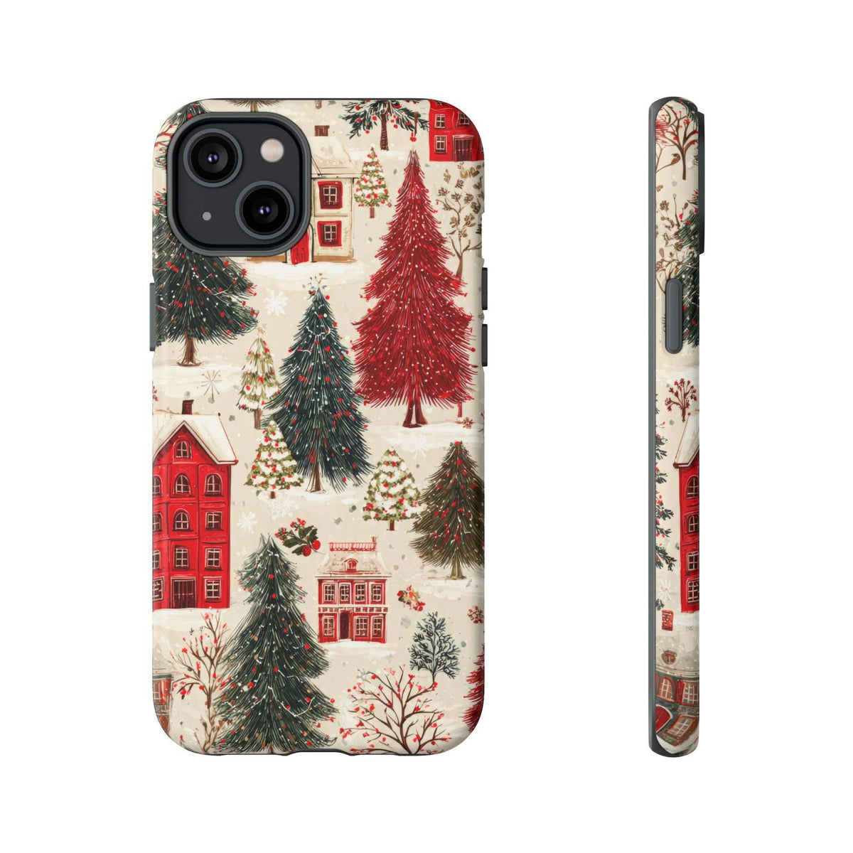 Phone case with snowy winter village artwork, red building and evergreen trees, camera cutout