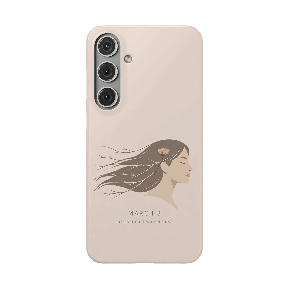 Beige phone case with vertical triple camera cutout and March 8 women’s day illustration