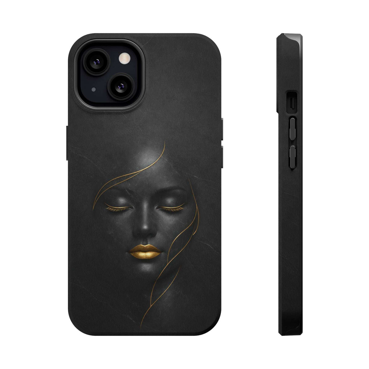 Black iPhone phone case with gold face artwork; protects cameras and edges
