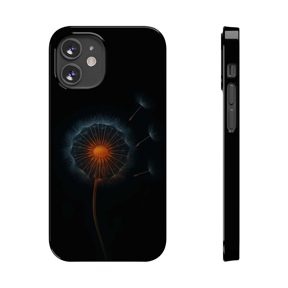 Black phone case with glowing dandelion design, back camera cutouts, and side profile