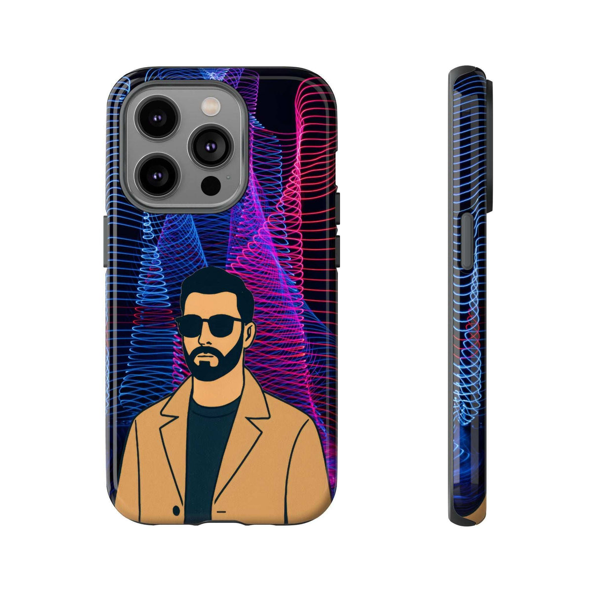 Glossy phone case with bearded man graphic, neon blue and pink wave lines, camera openings and flash